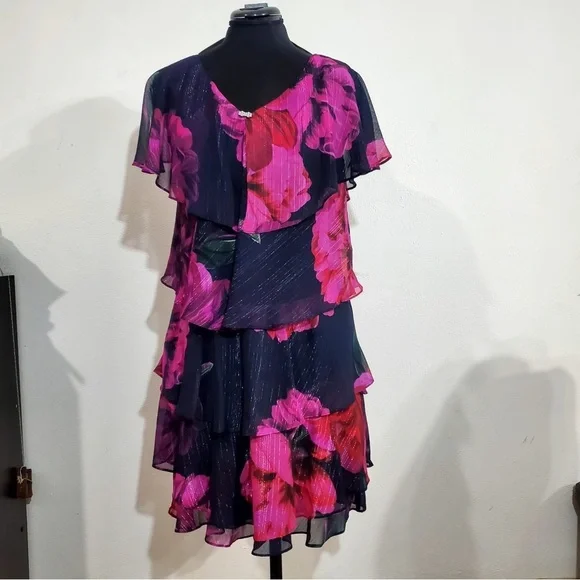 SLNY Womens Floral Flutter Party Sheath Chiffon Dress Black Red Pink Purple 14 - Picture 2 of 12